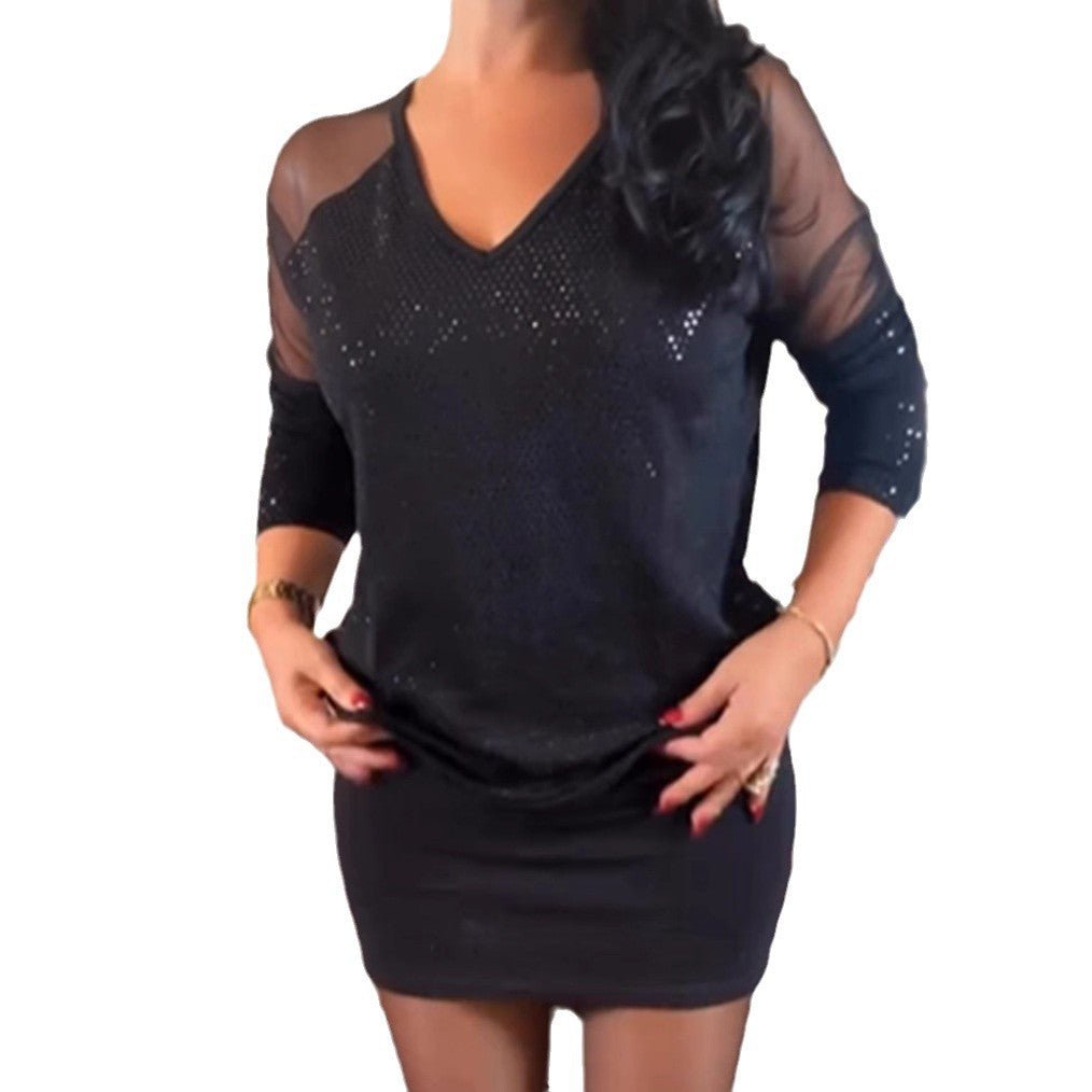 Damen nan V-Ausschnitt-Minikleid mit transparenten Mesh-Ärmeln und Glitzerdetails Drune
