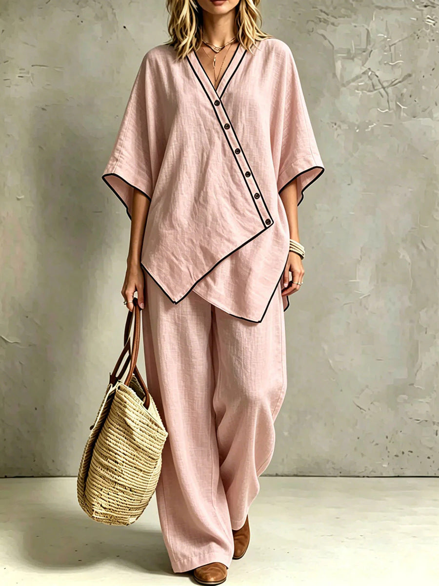 Damen Asymmetrisches Tunika-Loungewear-Set mit diagonaler Knopfleiste und weiter Palazzohose Drune