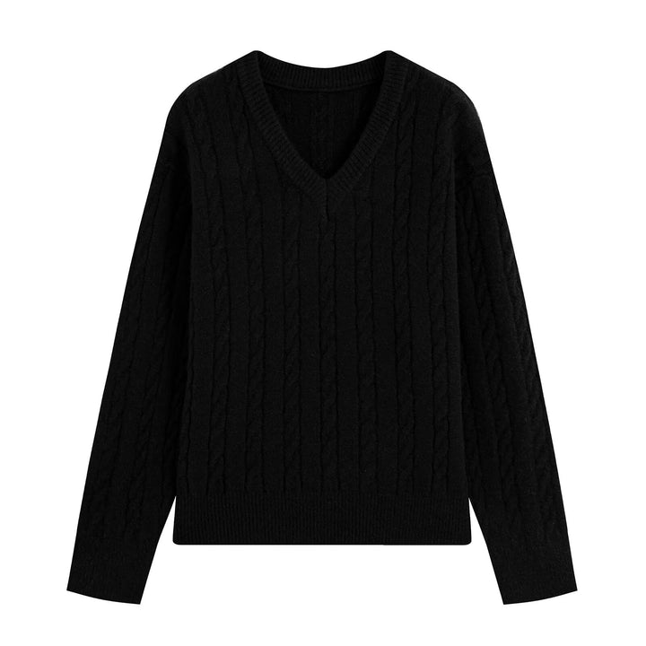 Damen Oversize Zopfmuster-Pullover mit V-Ausschnitt und breitem Rippbündchen Drune