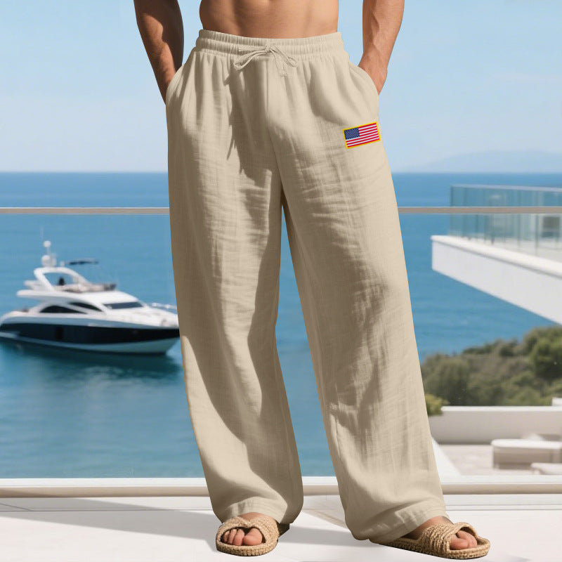 Herren Maritime Relaxed‑Fit Leinenoptik-Freizeithose mit Tunnelzug & Flaggen-Patch Drune