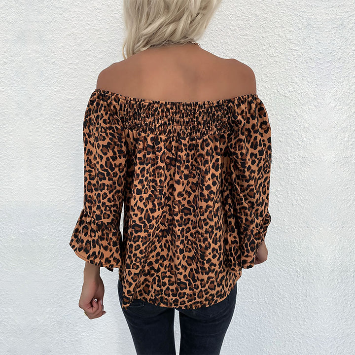Damen Carmen-Bluse mit Smok‑Bündchen, Carmen‑Ausschnitt und Leopardenprint Drune
