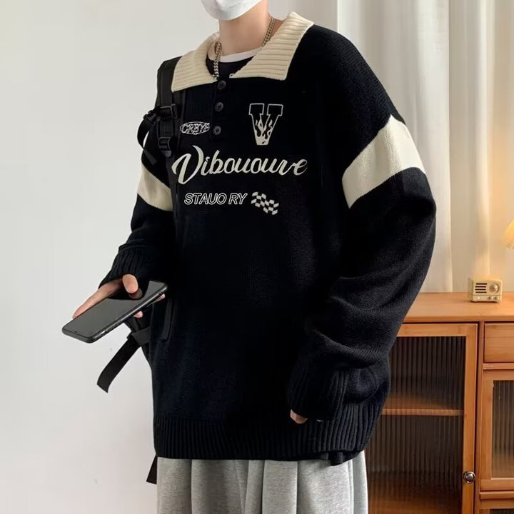 Herren Lässiger Strickpullover mit Polo-Kragen Drune