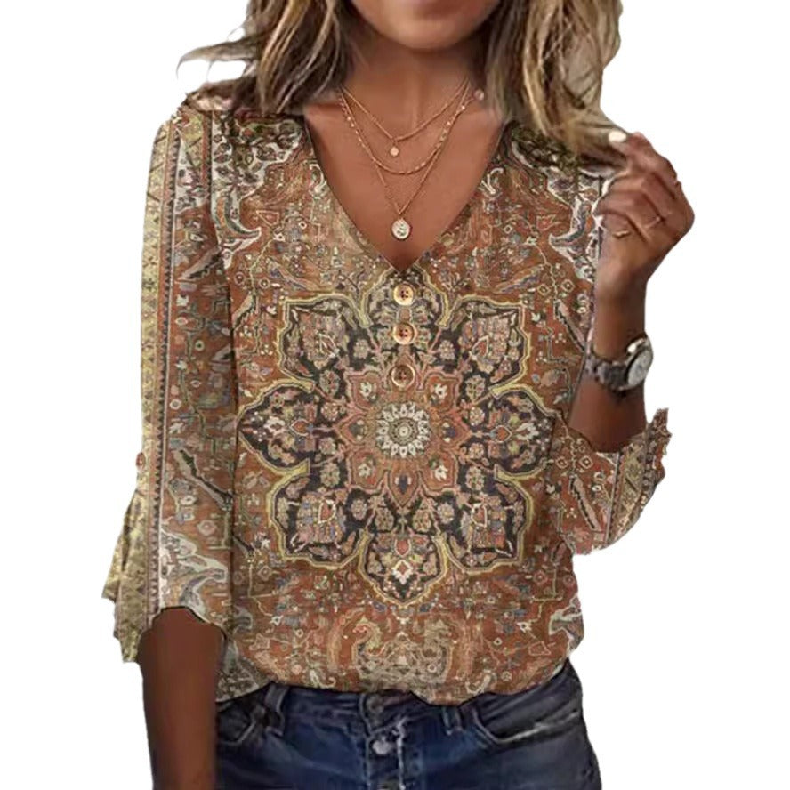 Damen Bohemian bedruckte V-Ausschnitt Bluse mit Knopfdetails Drune