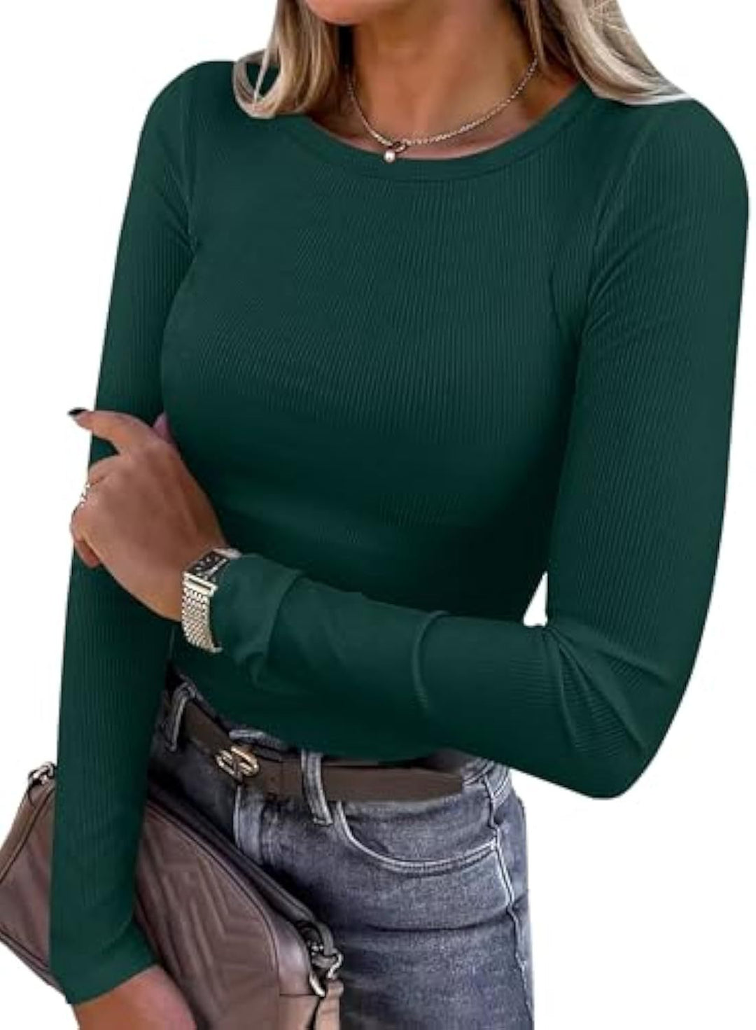 Damen Schmalgeschnittenes Ripp-Longsleeve mit Rundhalsausschnitt und Stretch-Baumwollmix Drune