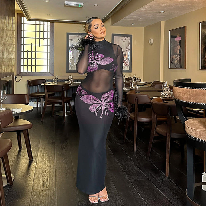 Damen Transparente Maxi-Robe mit kunstvollen Schmetterlingsdetails Drune