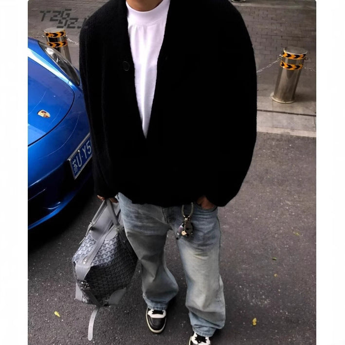 Herren Grobstrick-Cardigan im Oversize-Schnitt mit Schalkragen und asymmetrischer 3-Knopfleiste Drune