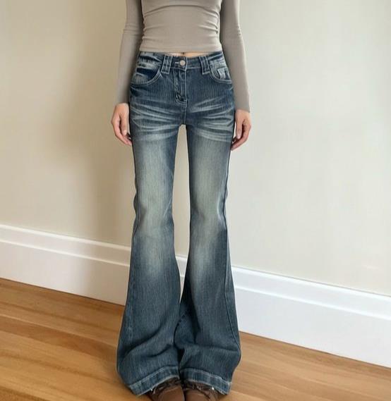Damen klassische Flared Jeans mit hoher Taille und ausgefranstem Saum Drune