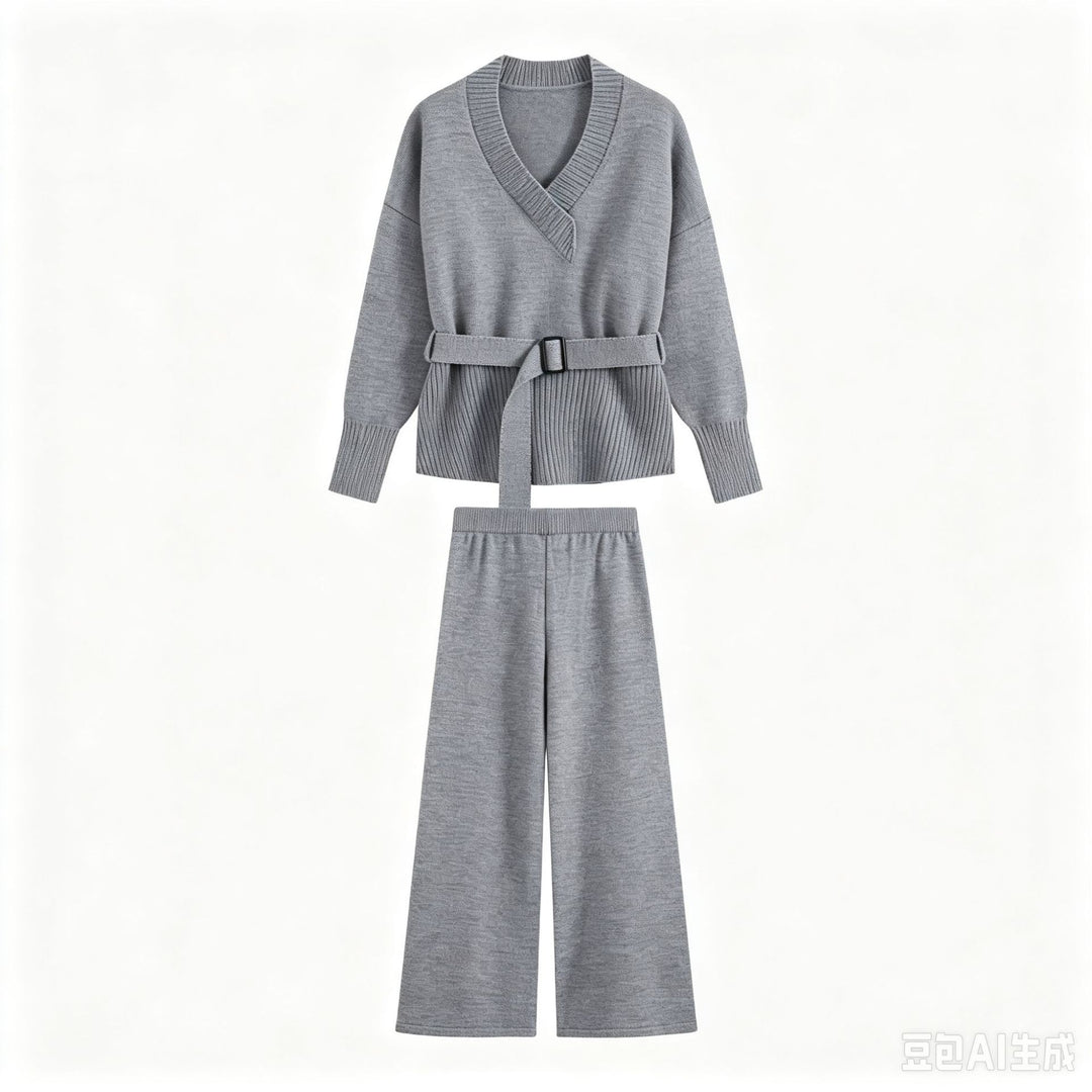 Damen Strick-Set mit V‑Ausschnitt, Taillengürtel und weiten Culotte-Hosen Drune