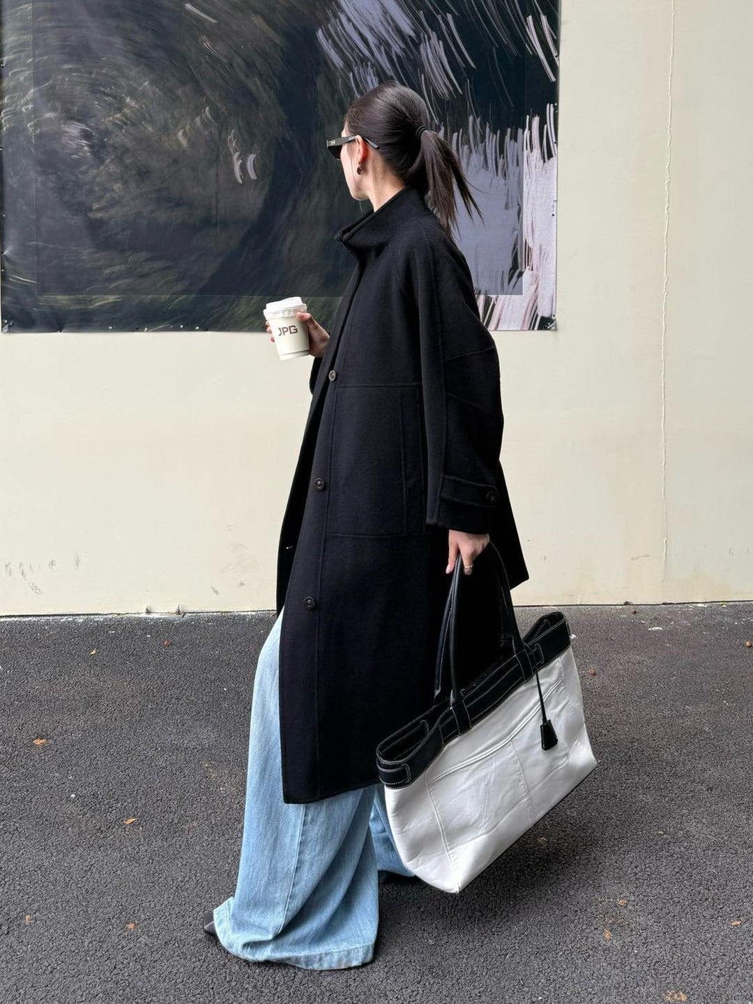 Damen Oversize Wollmantel mit Stehkragen und großen Pattentaschen Drune