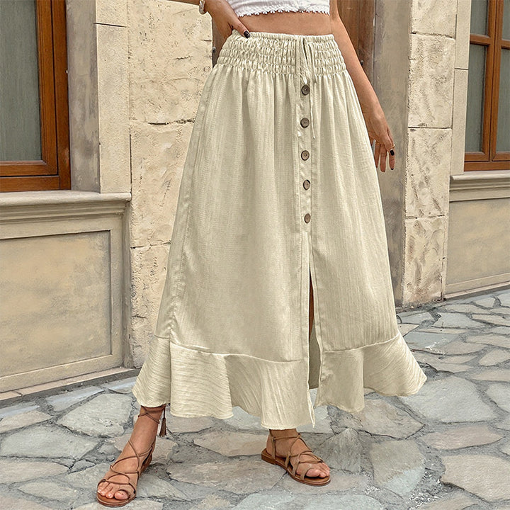 Damen Sommerlicher Maxirock mit Smockbund, durchgehender Knopfleiste, Seitenschlitz und Volant Drune