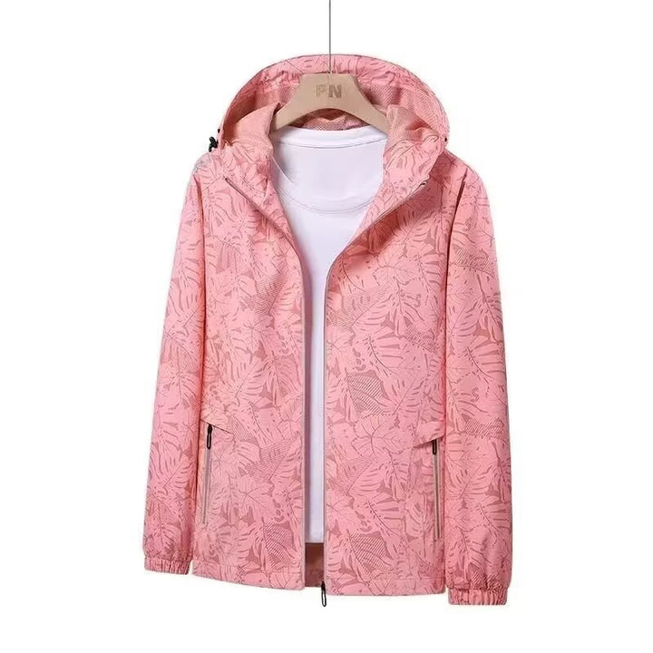 Damen Atmungsaktive Kapuzenjacke mit Trendigem Blätterdruck Drune