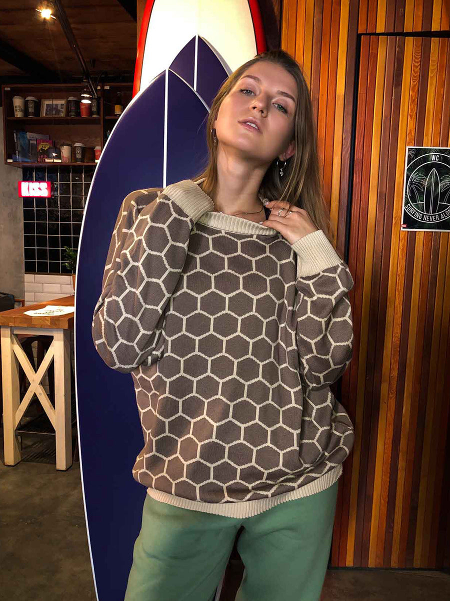 Damen Gemusterter Sweatshirt mit niedlichem Wabenmuster und lockerer Passform Drune