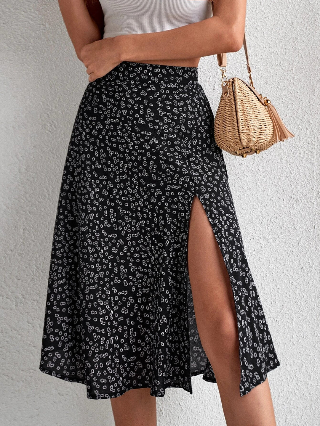 Damen Midi-Rock mit asymmetrischem Schlitz und floralem Muster Drune