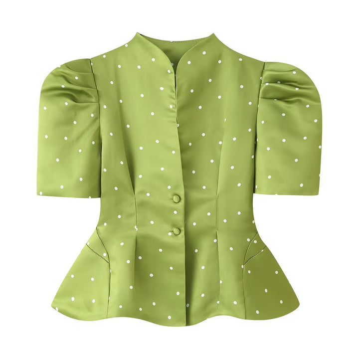 Damen Polka-Dot Bluse mit Stehkragen, Puffärmeln und tailliertem Schößchen Drune
