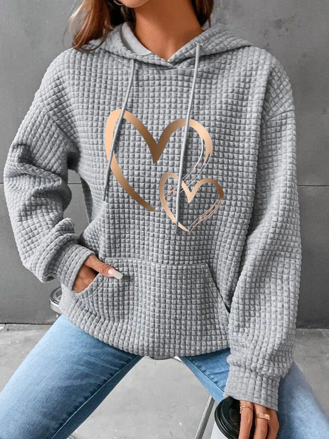 Damen Kapuzenpullover mit Waffelstruktur, Kängurutasche und Metallic-Herzprint Drune