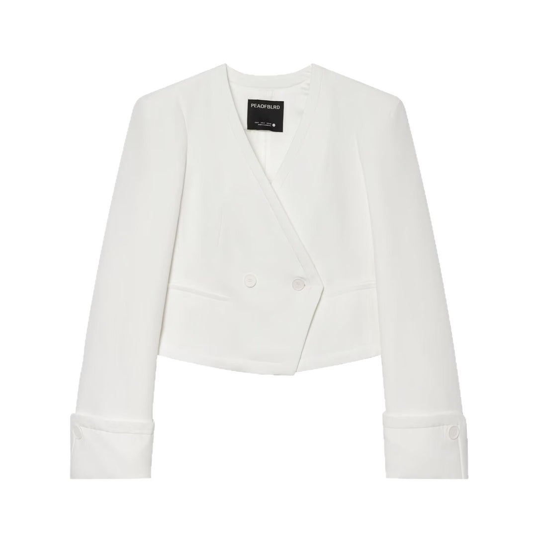 Damen Cropped Zweireihiger Blazer mit tiefem V-Ausschnitt und Manschetten Drune