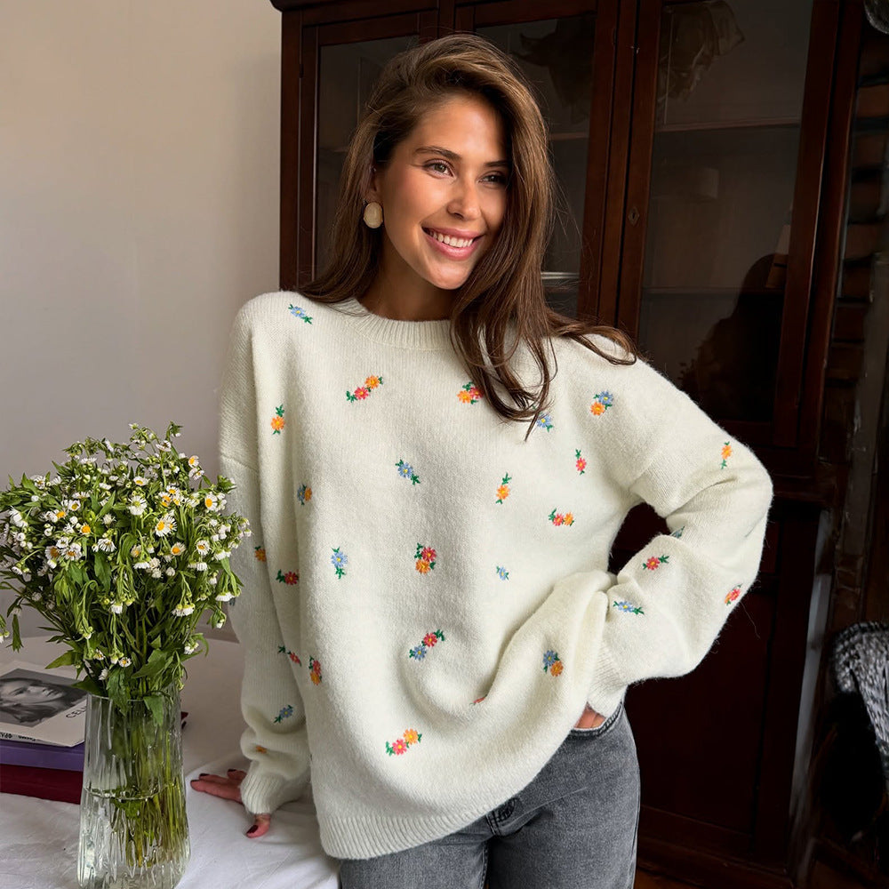 Damen Verspielter Pullover mit floralen Stickereien Drune