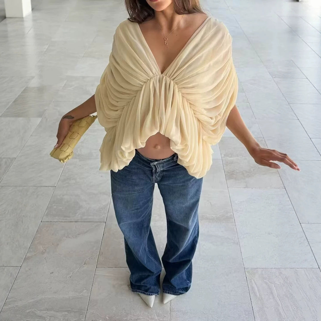 Damen Drapiertes Chiffon-Top mit V-Ausschnitt und voluminösen Fledermausärmeln Drune