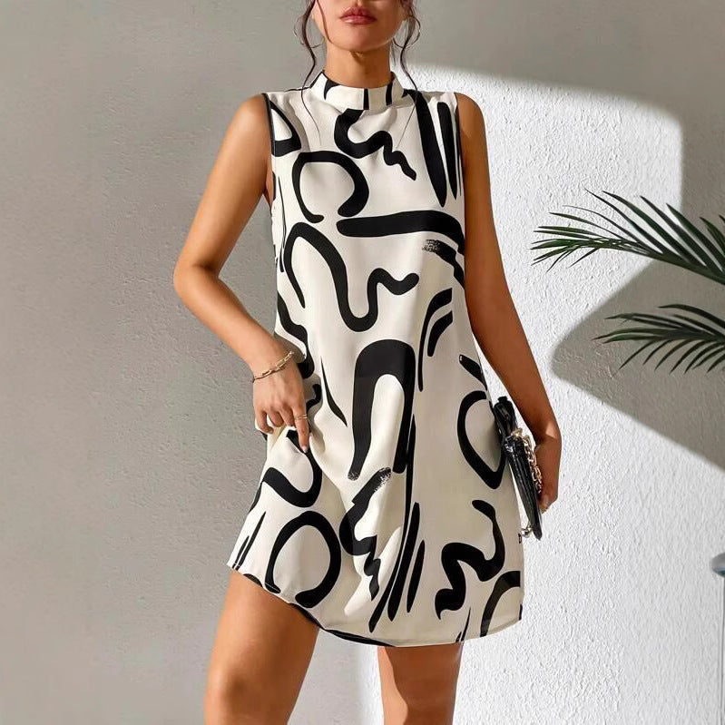 Damen A-linien Minikleid mit modernem grafischem Muster und Stehkragen Drune
