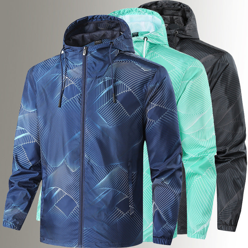 Herren Leichte Kapuzen-Windbreakerjacke mit grafischem Allover-Print und Packfunktion Drune