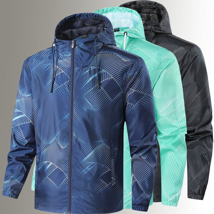 Herren Leichte Kapuzen-Windbreakerjacke mit grafischem Allover-Print und Packfunktion Drune