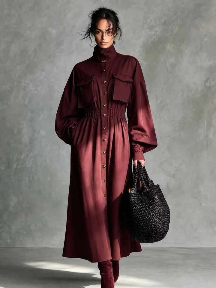 Damen Elegantes Hemdkleid mit Taschen und Taillengürtel Drune