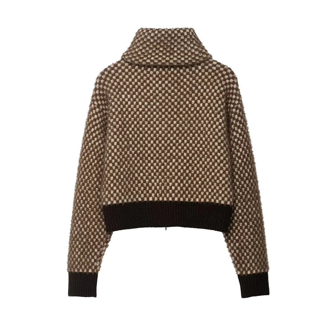 Damen nan kurz geschnittene strukturierte Zip-Strickjacke mit hohem Stehkragen, aufgesetzten Taschen und breitem Rippbund Drune