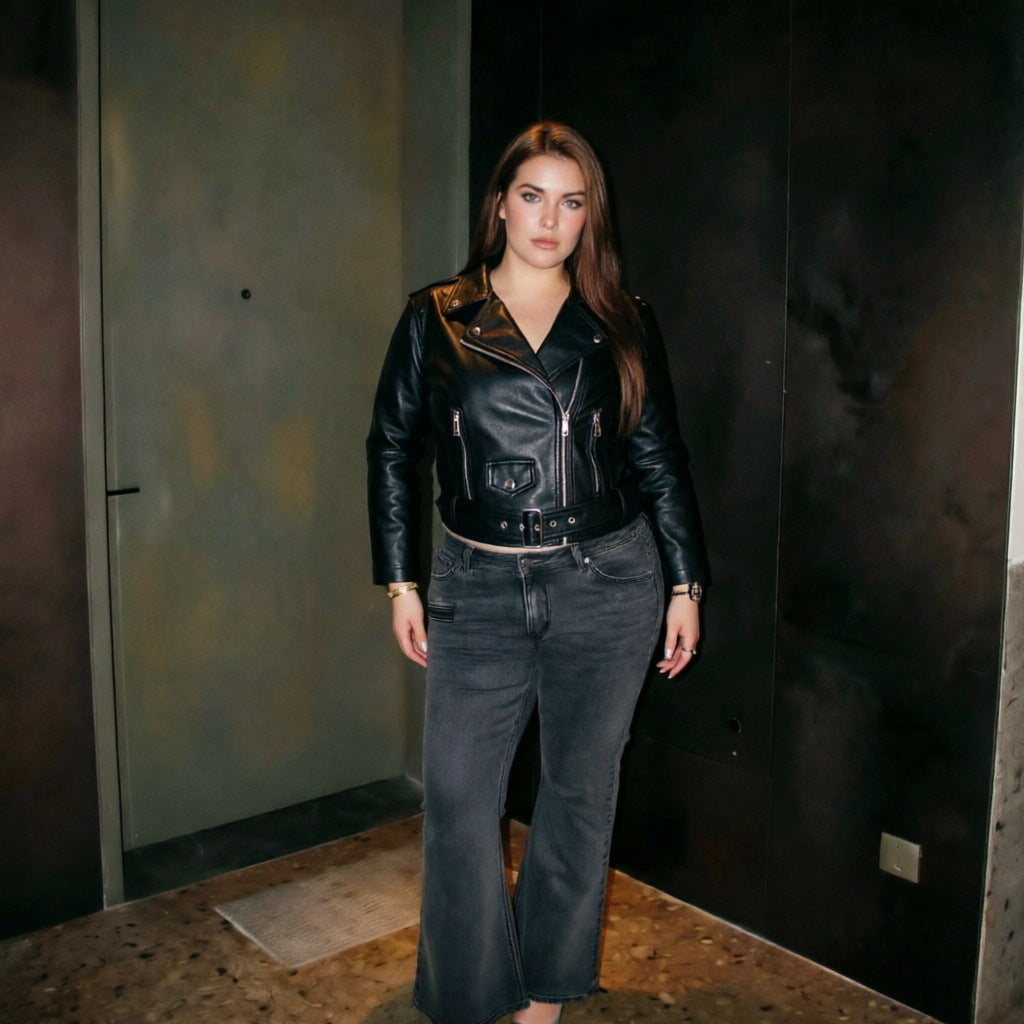 Damen Modische Bikerjacke mit Gürtel Drune