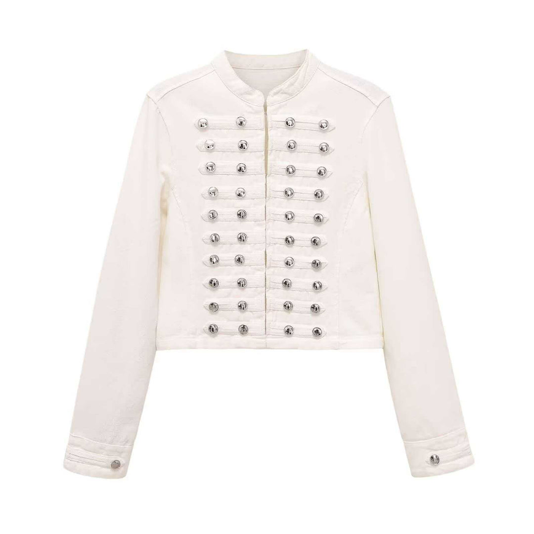 Damen Jeansjacke im Military‑Stil mit Reihenknöpfen und Stehkragen Drune