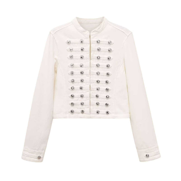 Damen Jeansjacke im Military‑Stil mit Reihenknöpfen und Stehkragen Drune