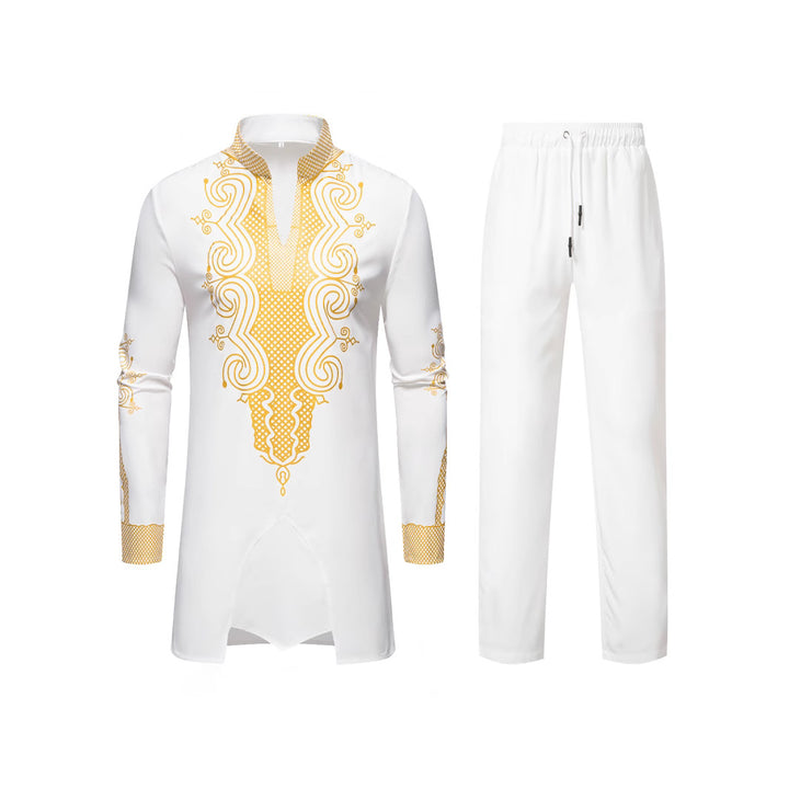 Herren Traditionelles besticktes Tunika‑Set mit Mandarinkragen und elastischer Hose Drune