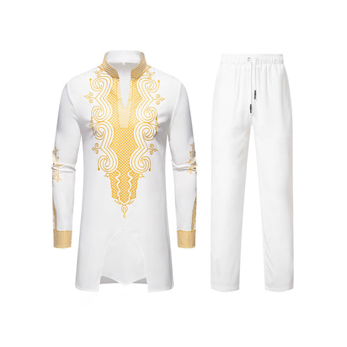 Herren Traditionelles besticktes Tunika‑Set mit Mandarinkragen und elastischer Hose Drune