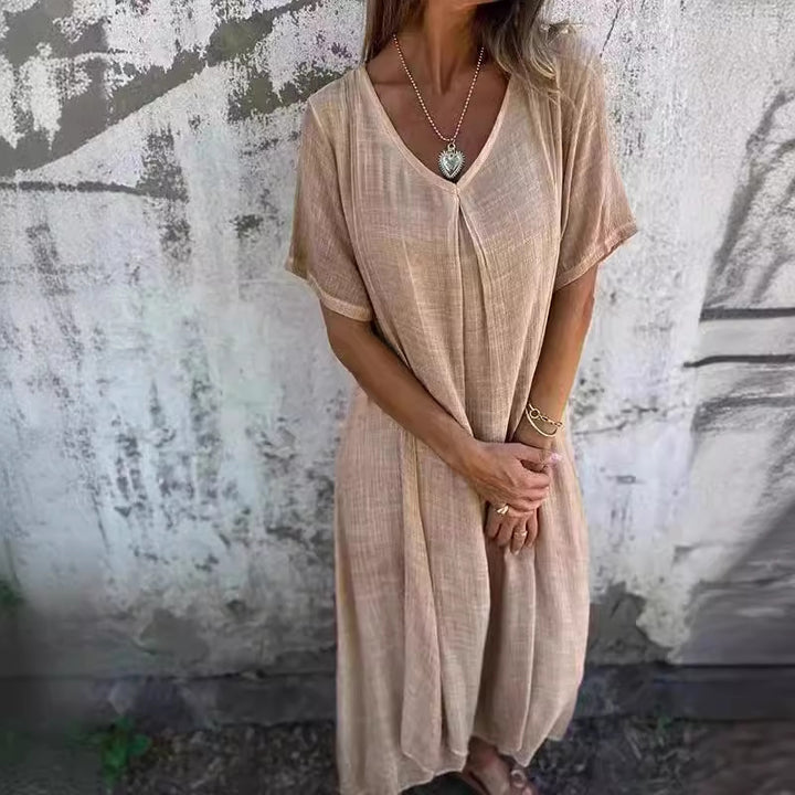 Damen lässiges Leinenkleid mit V-Ausschnitt und seitlichen Taschen Drune