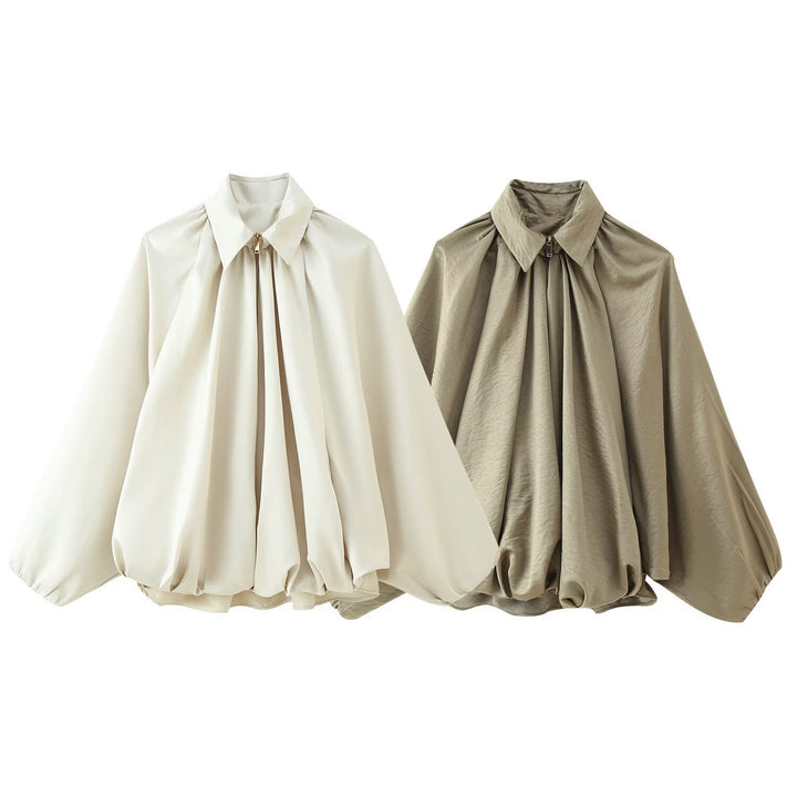 Damen elegante Bluse mit modernen Falten und voluminösen Ärmeln Drune