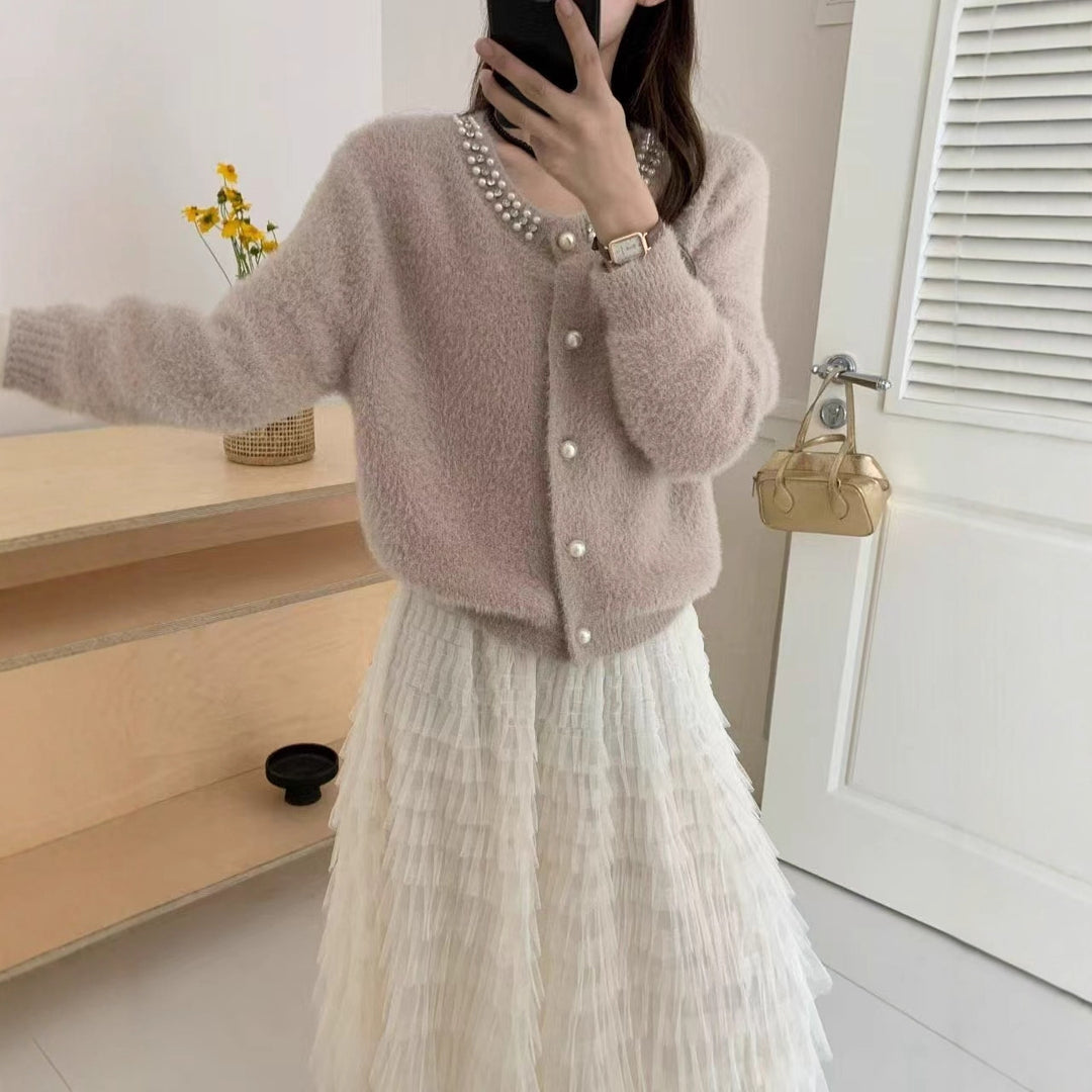 Damen Kuschelige Cardigan mit Perlen-Dekor Drune
