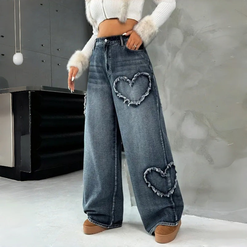 Damen Weite Jeans mit Herz-Stickerei und lässigem Schnitt Drune