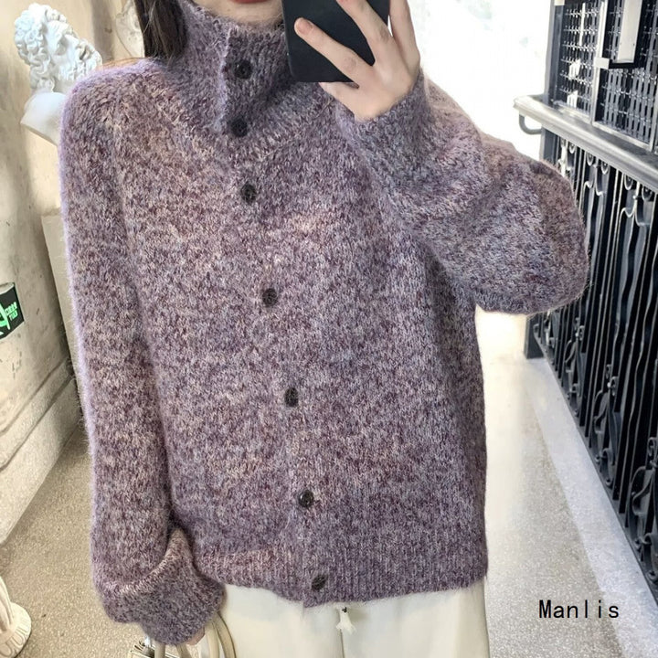 Damen Grobstrick‑Cardigan im Oversize‑Look mit hohem Rippkragen und Knopfleiste Drune