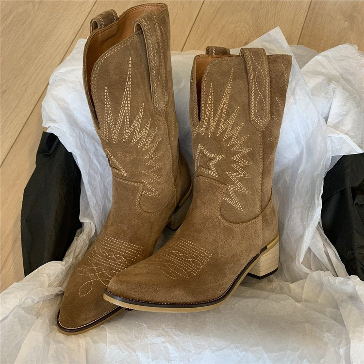 Damen nan Wildleder Westernstiefel mit spitzer Kappe und mittelhohem Blockabsatz Drune