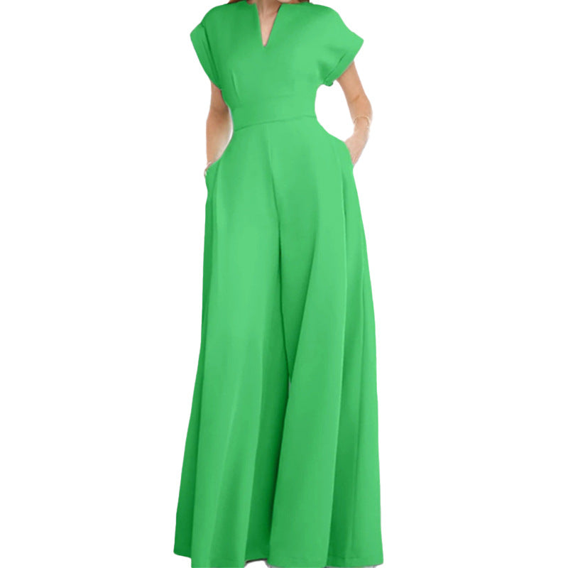 Damen Elegante weite Jumpsuit mit kurzen Ärmeln und tiefem Ausschnitt Drune