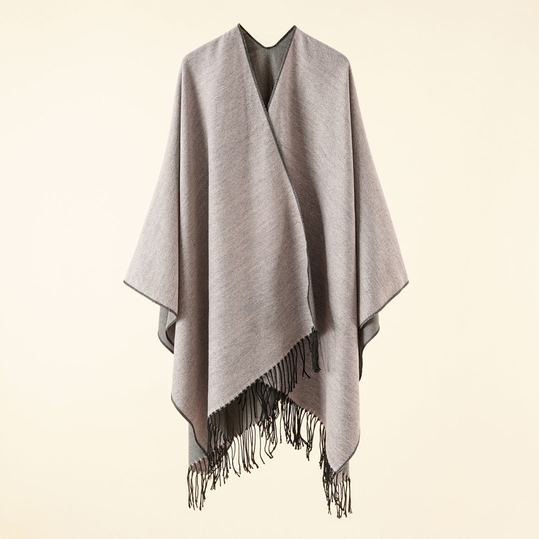 Damen Großer Ruana‑Poncho aus feinem Wollmix mit Fransen und offenem Fall Drune