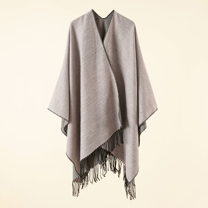 Damen Großer Ruana‑Poncho aus feinem Wollmix mit Fransen und offenem Fall Drune