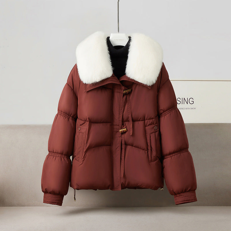 Damen nan kurze Steppluftjacke mit voluminösem Webpelzkragen, Knebelverschluss und formstabiler Taillenlinie Drune