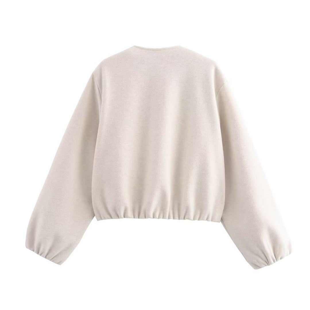 Damen lässige Kurzjacke mit voluminösen Ärmeln und metallischem Reißverschluss Drune