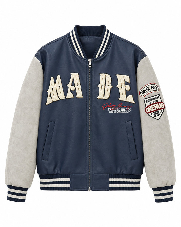 Herren Collegejacke im Letterman‑Style mit Kunstlederkörper und Veloursärmeln Drune