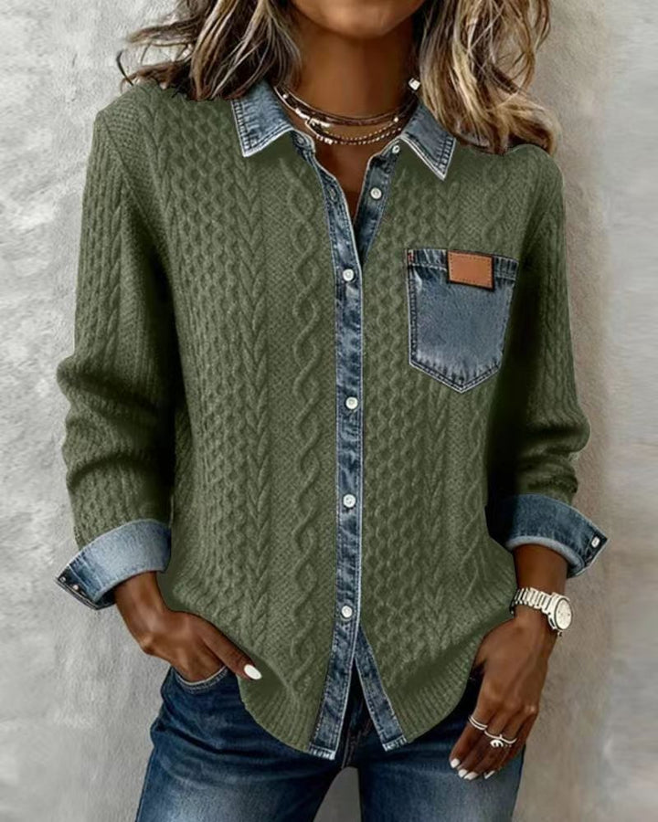 Damen Strickjacke mit Denim-Look-Kragen, dekorativer Knopfleiste und Brusttasche Drune