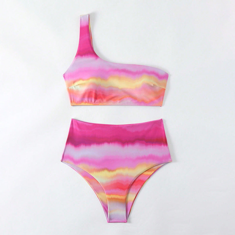 Damen Hoch tailliertes Bikini-Set mit asymmetrischem Oberteil und farbenfrohem Design Drune