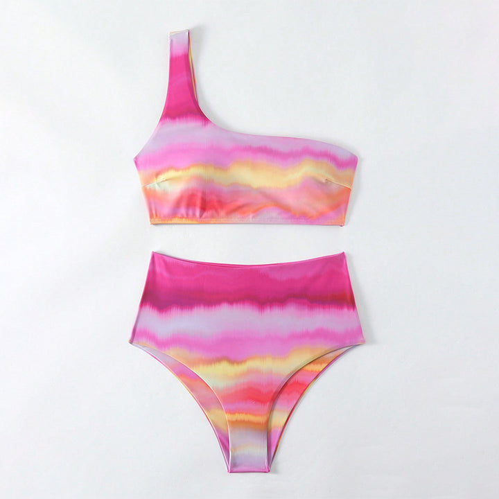 Damen Hoch tailliertes Bikini-Set mit asymmetrischem Oberteil und farbenfrohem Design Drune