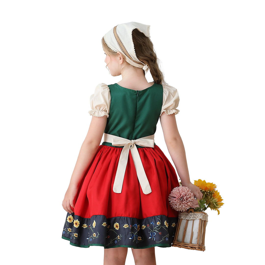 Damen nan traditionelles Kinderdirndl Kleid mit dekorativer Schnürung Schürze und Spitzenkopftuch Drune