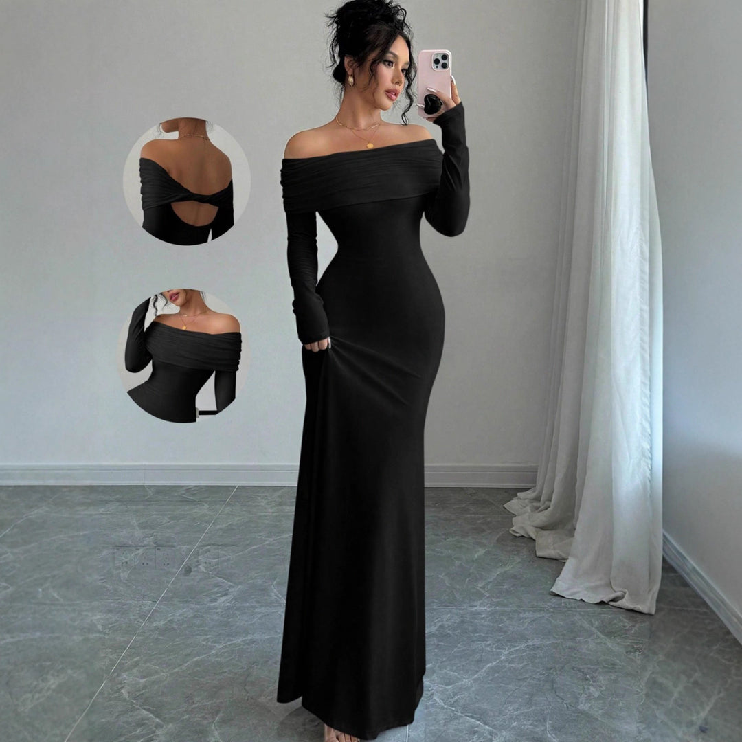 Damen elegantes Schulterfreies Langarm-Maxi-Kleid mit raffinierten Rückendetails Drune