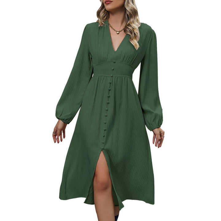 Damen Midi-Kleid mit Knopfdetails und V-Ausschnitt Drune